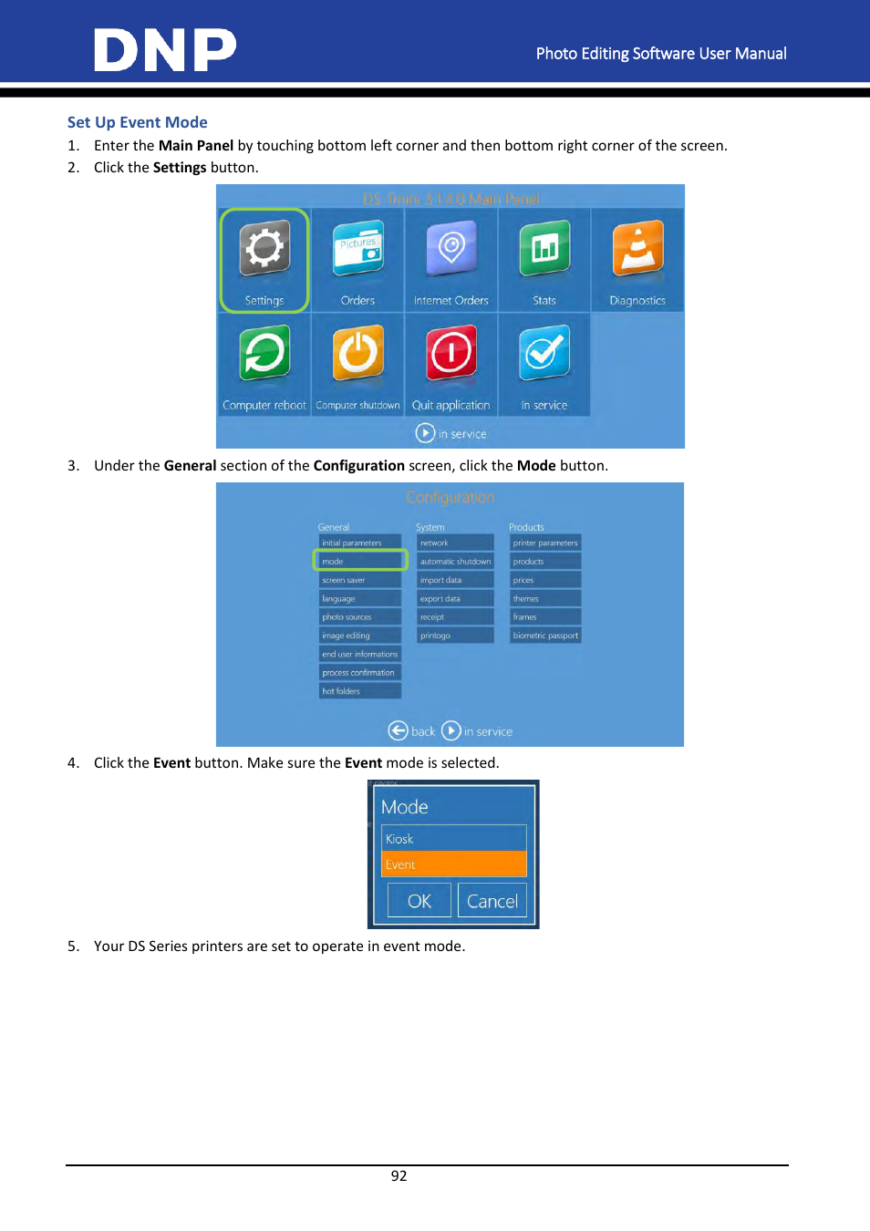 Set up event mode | DNP DS-Tmini Kiosk Order Terminal User Manual | Page 92 / 194