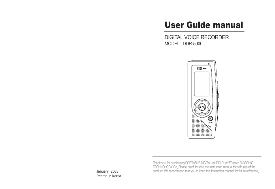 Diasonic Tech PORTABLE DIGITAL AUDIO PLAYER DDR-5000 User Manual | 28 pages