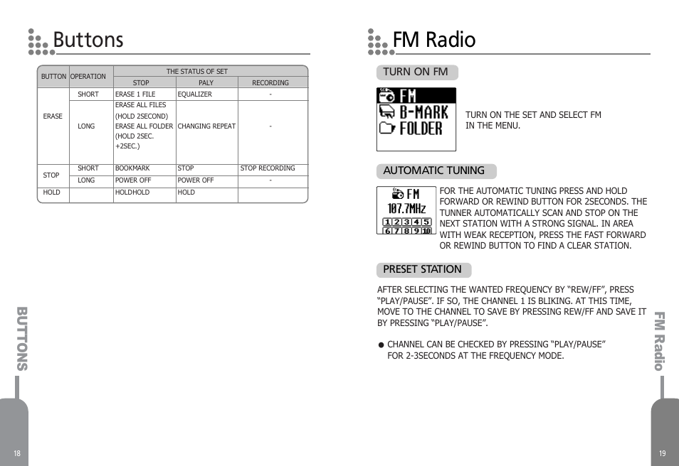 Buttons fm radio, Fm radio bu tt o n s | Diasonic Tech PORTABLE DIGITAL AUDIO PLAYER DDR-5000 User Manual | Page 11 / 28