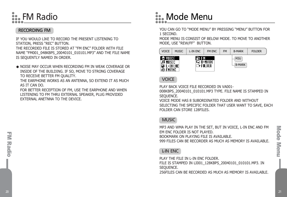 Fm radio mode menu, Mode menu fm radio | Diasonic Tech PORTABLE DIGITAL AUDIO PLAYER DDR-5000 User Manual | Page 12 / 28