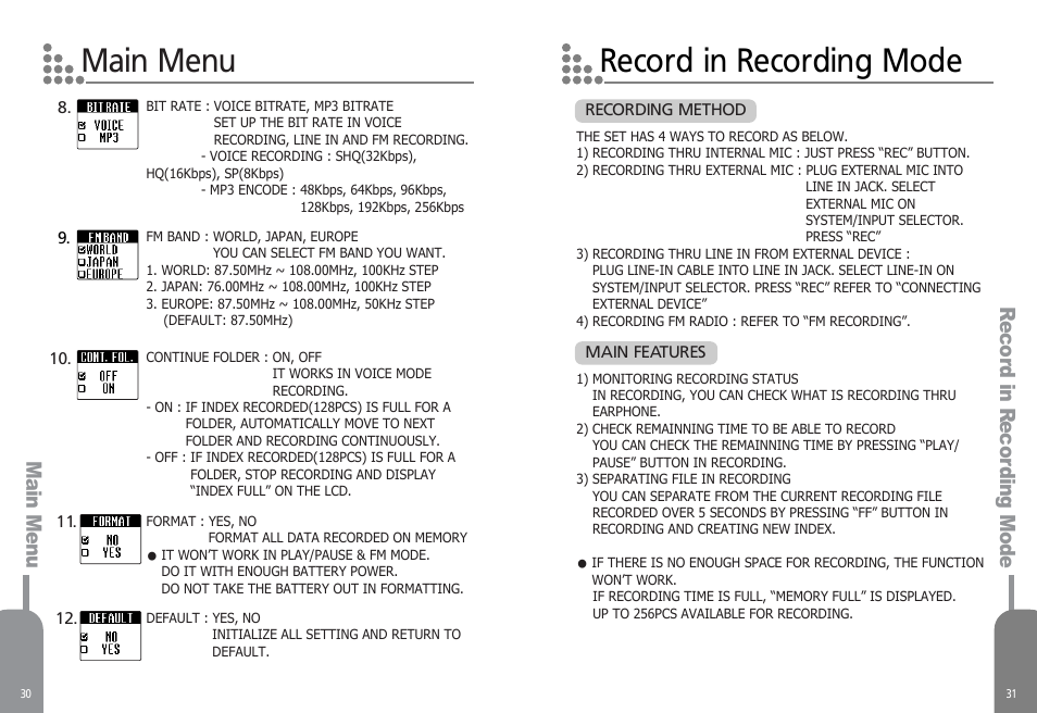 Main menu record in recording mode, Re co rd in re cor ding mode main menu | Diasonic Tech PORTABLE DIGITAL AUDIO PLAYER DDR-5000 User Manual | Page 17 / 28