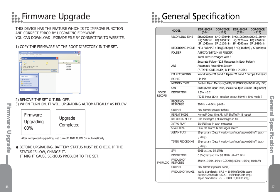Firmware upgrade general specification, Gener al specifica tion fir m w are upg rade, Firmware upgrading 00% upgrade completed | Diasonic Tech PORTABLE DIGITAL AUDIO PLAYER DDR-5000 User Manual | Page 25 / 28