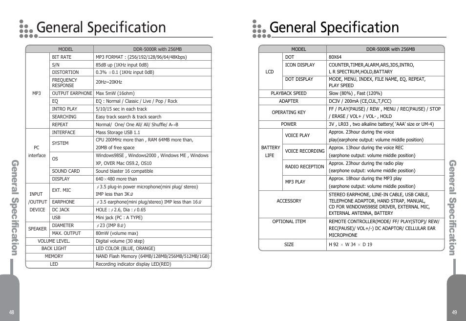 General specification, Gener al specifica tion gener al specifica tion | Diasonic Tech PORTABLE DIGITAL AUDIO PLAYER DDR-5000 User Manual | Page 26 / 28