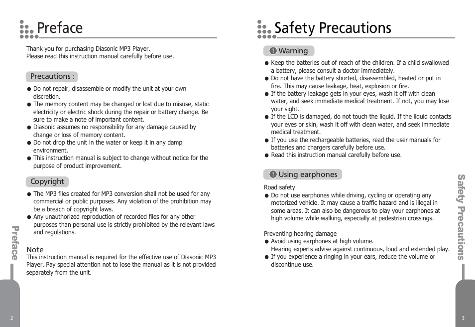 Preface safety precautions, Saf ety pr ecautions pr ef ace | Diasonic Tech PORTABLE DIGITAL AUDIO PLAYER DDR-5000 User Manual | Page 3 / 28