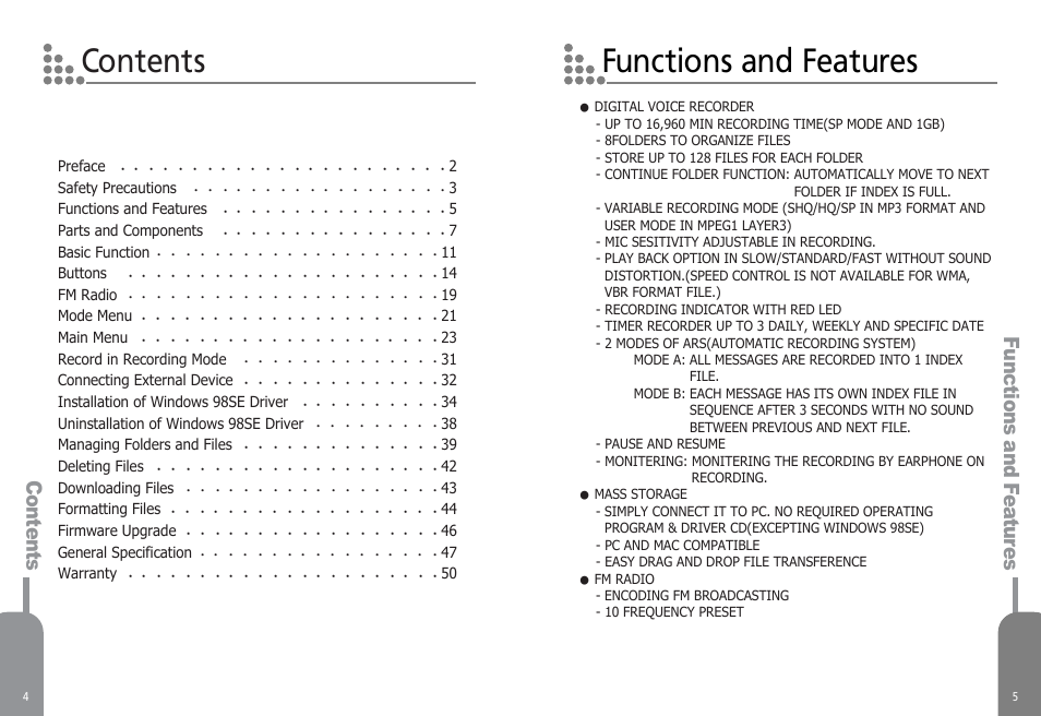 Contents functions and features, Functions and fea tur es contents | Diasonic Tech PORTABLE DIGITAL AUDIO PLAYER DDR-5000 User Manual | Page 4 / 28
