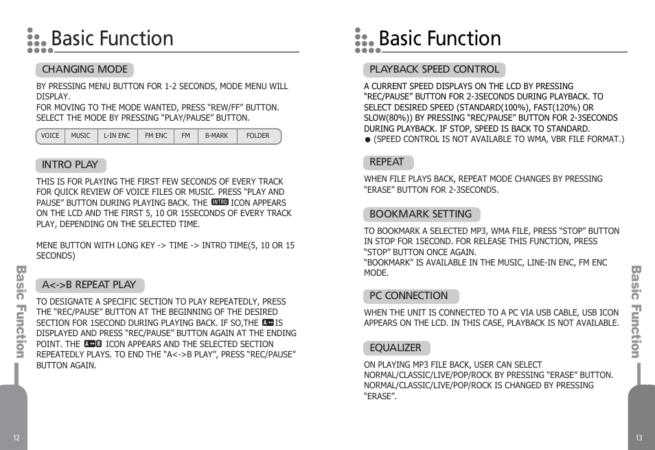 Basic function, Basic function basic function | Diasonic Tech PORTABLE DIGITAL AUDIO PLAYER DDR-5000 User Manual | Page 8 / 28