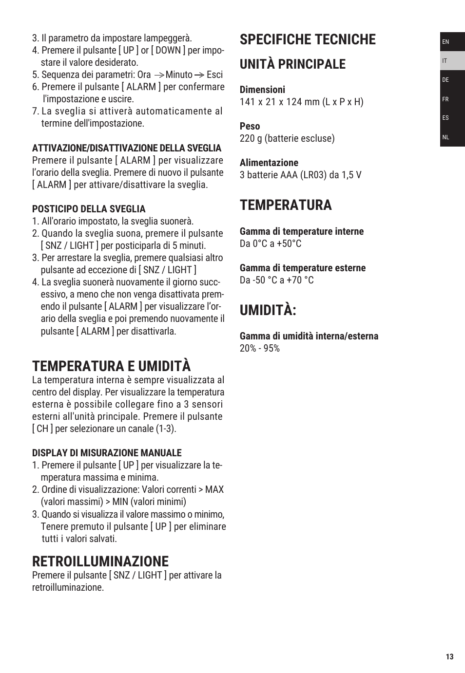 Temperatura e umidità, Retroilluminazione, Specifiche tecniche | Temperatura, Umidità, Unità principale | Explore Scientific Weather Station with Three Wireless Sensors User Manual | Page 13 / 44