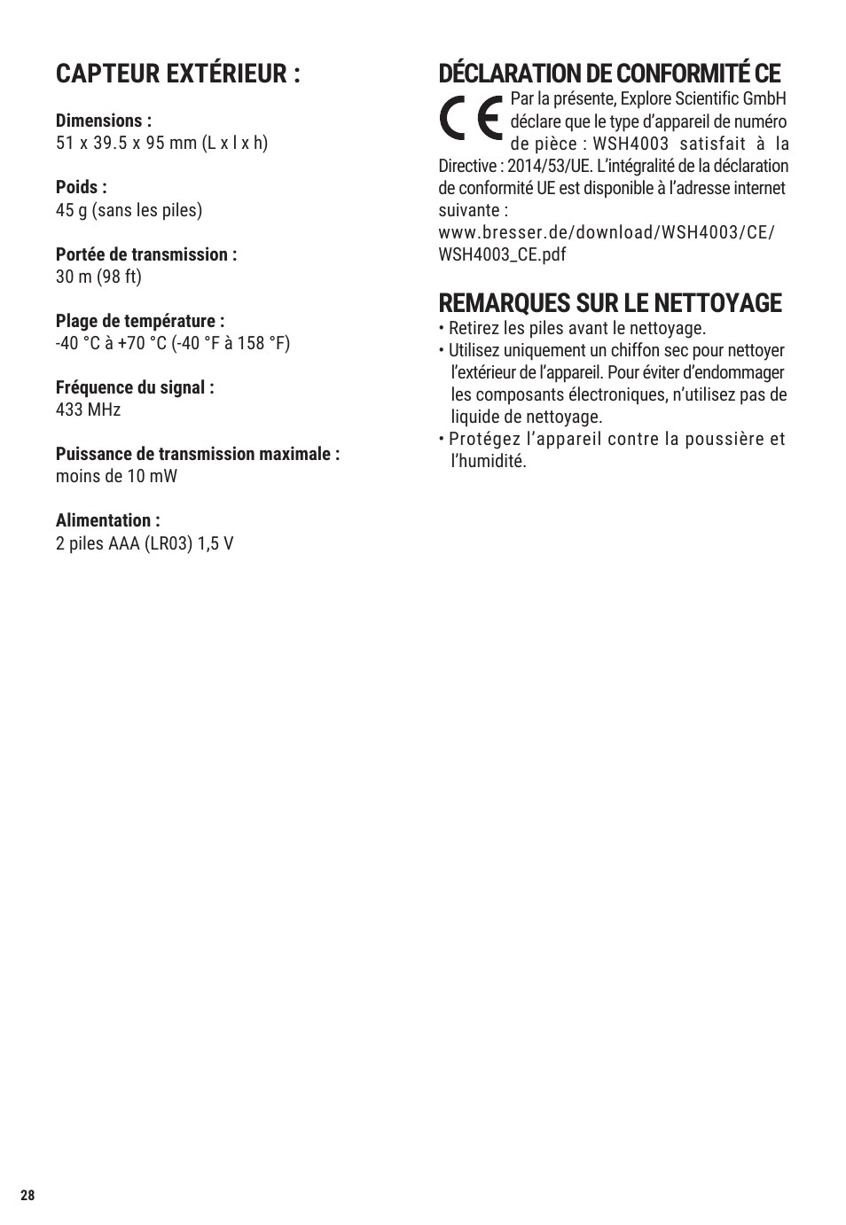 Déclaration de conformité ce, Remarques sur le nettoyage, Capteur extérieur | Explore Scientific Weather Station with Three Wireless Sensors User Manual | Page 28 / 44