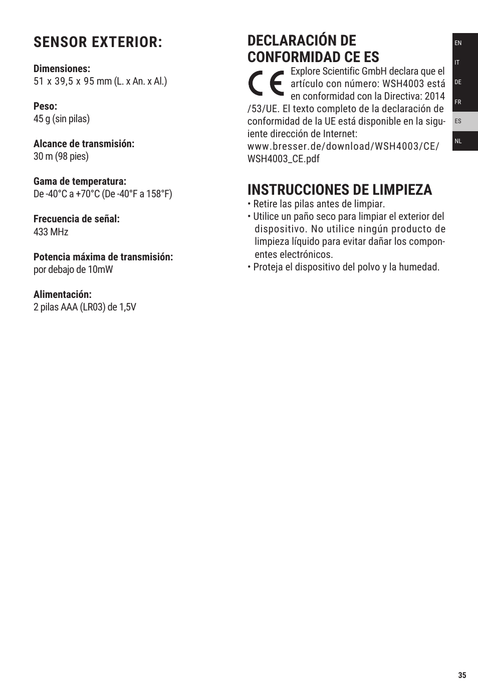 Declaración de conformidad ce es, Instrucciones de limpieza, Sensor exterior | Explore Scientific Weather Station with Three Wireless Sensors User Manual | Page 35 / 44