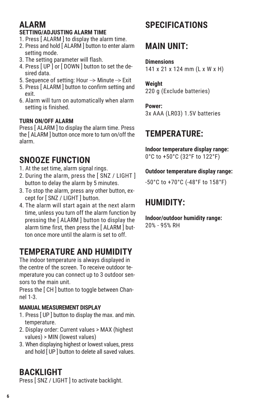 Snooze function, Temperature and humidity, Backlight | Specifications main unit, Temperature, Humidity, Alarm | Explore Scientific Weather Station with Three Wireless Sensors User Manual | Page 6 / 44