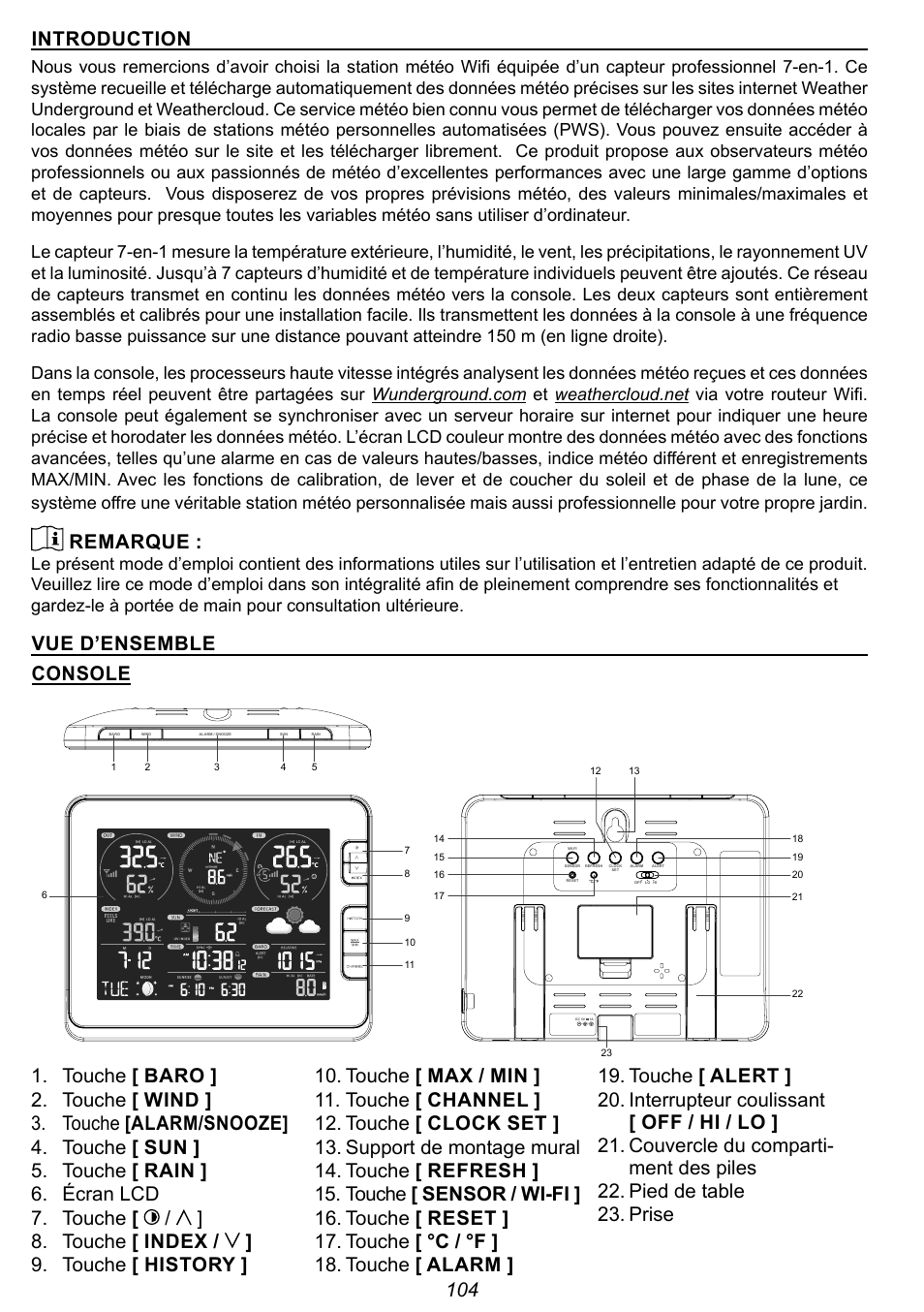 104 introduction, Remarque, Vue d’ensemble console | Explore Scientific 7-in-1 Sensor for 7-in-1 Wi-Fi Weather Station User Manual | Page 104 / 172