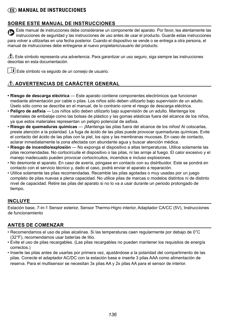 Manual de instrucciones | Explore Scientific 7-in-1 Sensor for 7-in-1 Wi-Fi Weather Station User Manual | Page 136 / 172