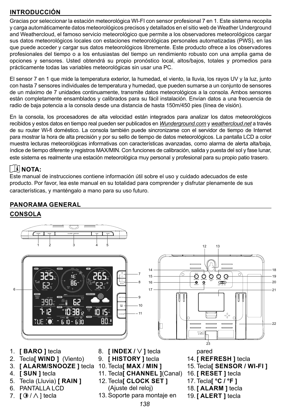 138 introducción, Nota, Panorama general consola | Explore Scientific 7-in-1 Sensor for 7-in-1 Wi-Fi Weather Station User Manual | Page 138 / 172