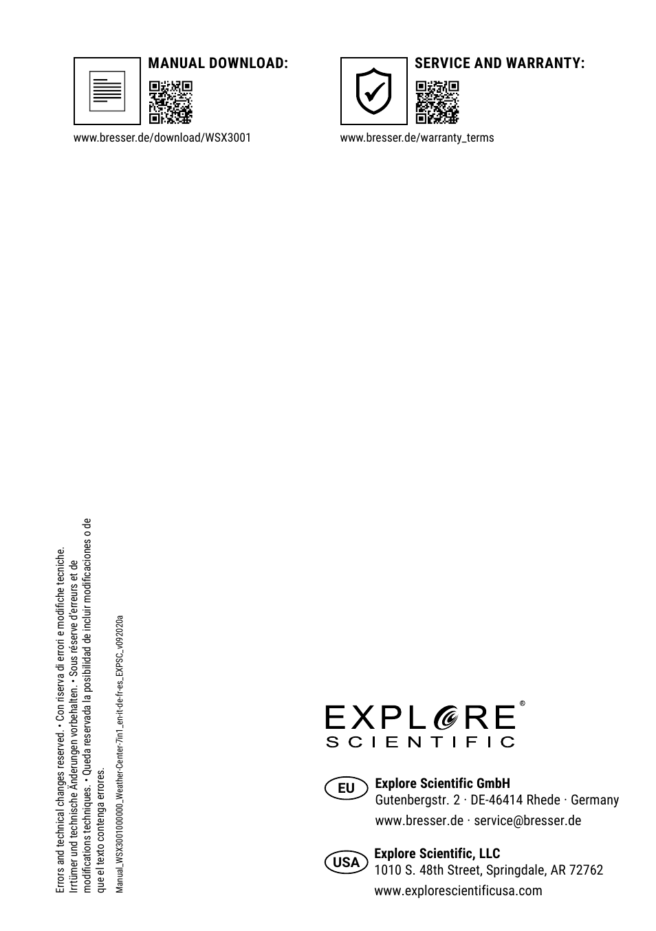 Service and warranty, Manual download | Explore Scientific 7-in-1 Sensor for 7-in-1 Wi-Fi Weather Station User Manual | Page 172 / 172