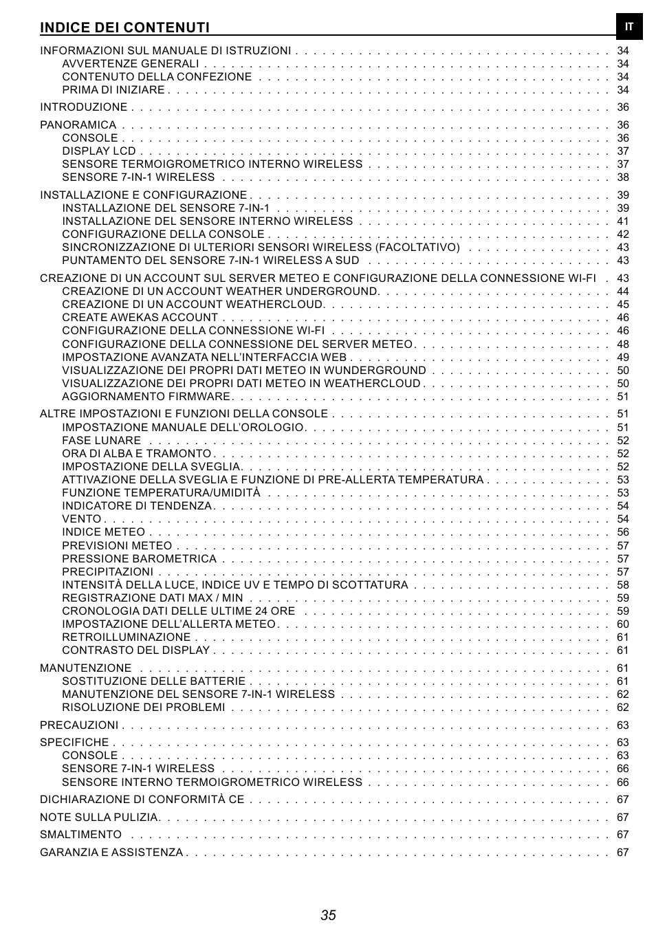 Indice dei contenuti | Explore Scientific 7-in-1 Sensor for 7-in-1 Wi-Fi Weather Station User Manual | Page 35 / 172