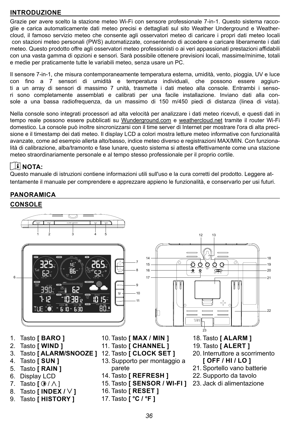 36 introduzione, Nota, Panoramica console | Explore Scientific 7-in-1 Sensor for 7-in-1 Wi-Fi Weather Station User Manual | Page 36 / 172