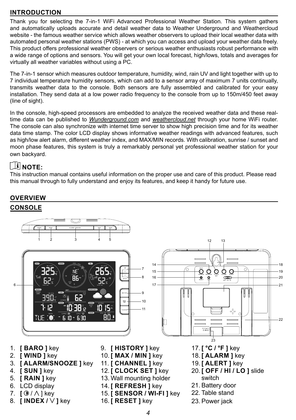 4introduction, Overview console | Explore Scientific 7-in-1 Sensor for 7-in-1 Wi-Fi Weather Station User Manual | Page 4 / 172