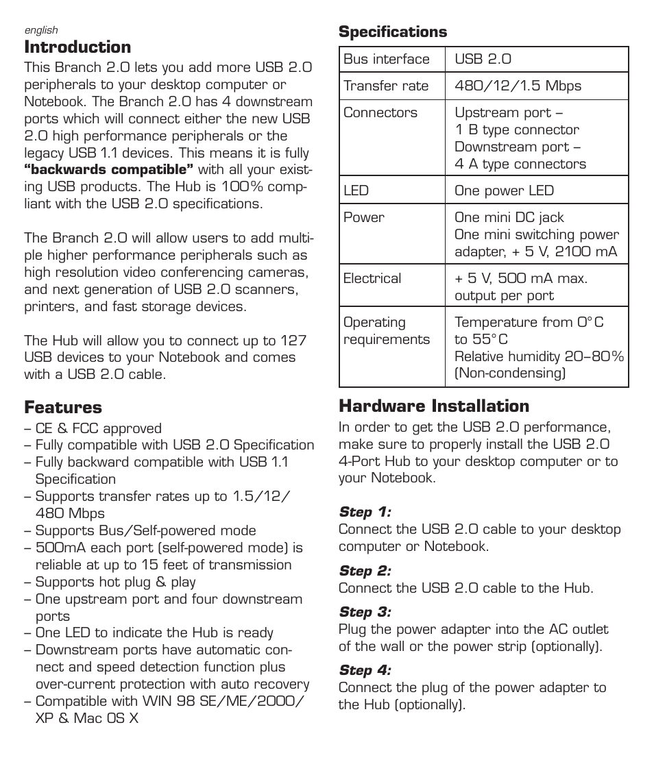 Introduction, Features, Hardware installation | Dicota Mini 4-Port USB 2.0 HUB Branch 2.0 User Manual | Page 2 / 8