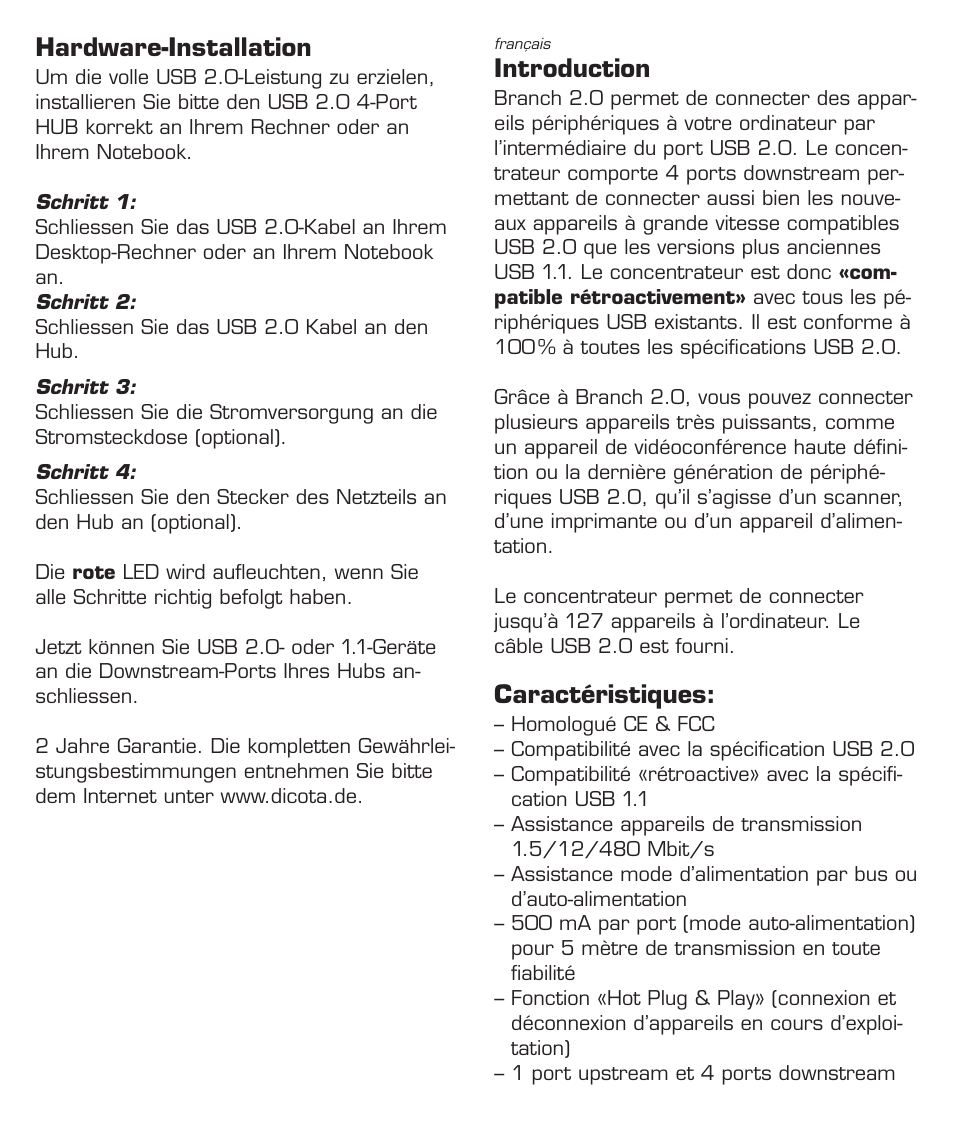 Hardware-installation, Introduction, Caractéristiques | Dicota Mini 4-Port USB 2.0 HUB Branch 2.0 User Manual | Page 4 / 8