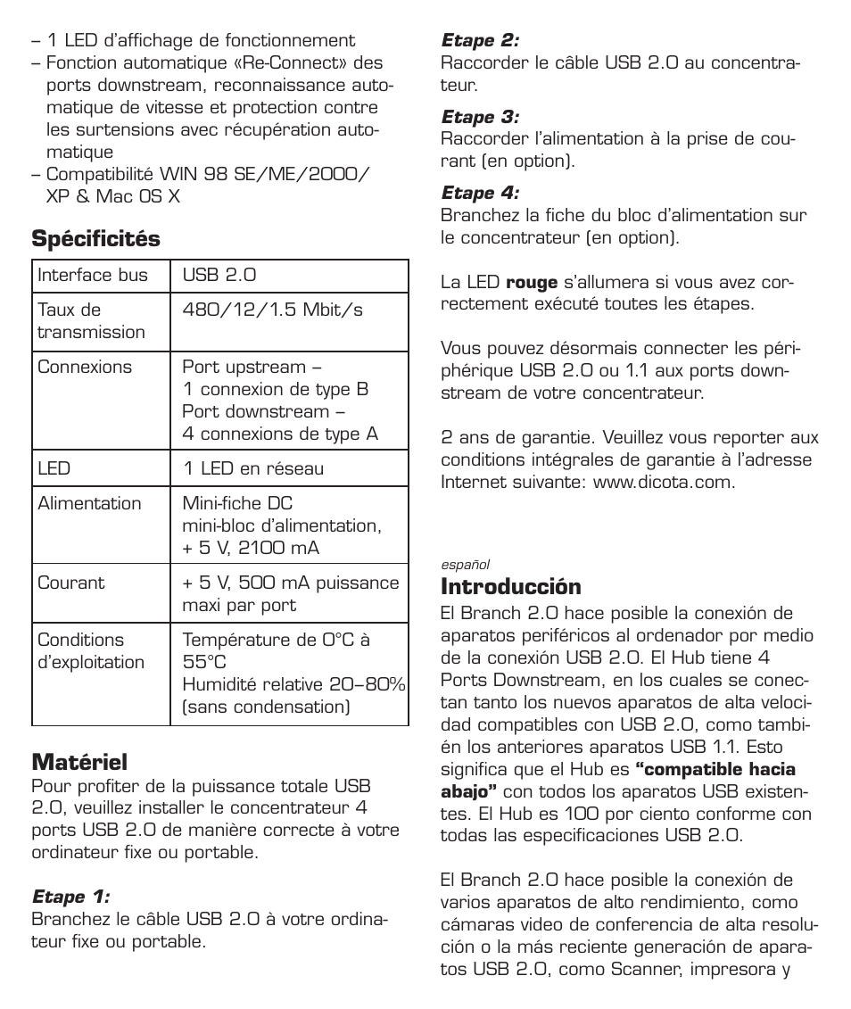 Spécificités, Matériel, Introducción | Dicota Mini 4-Port USB 2.0 HUB Branch 2.0 User Manual | Page 5 / 8