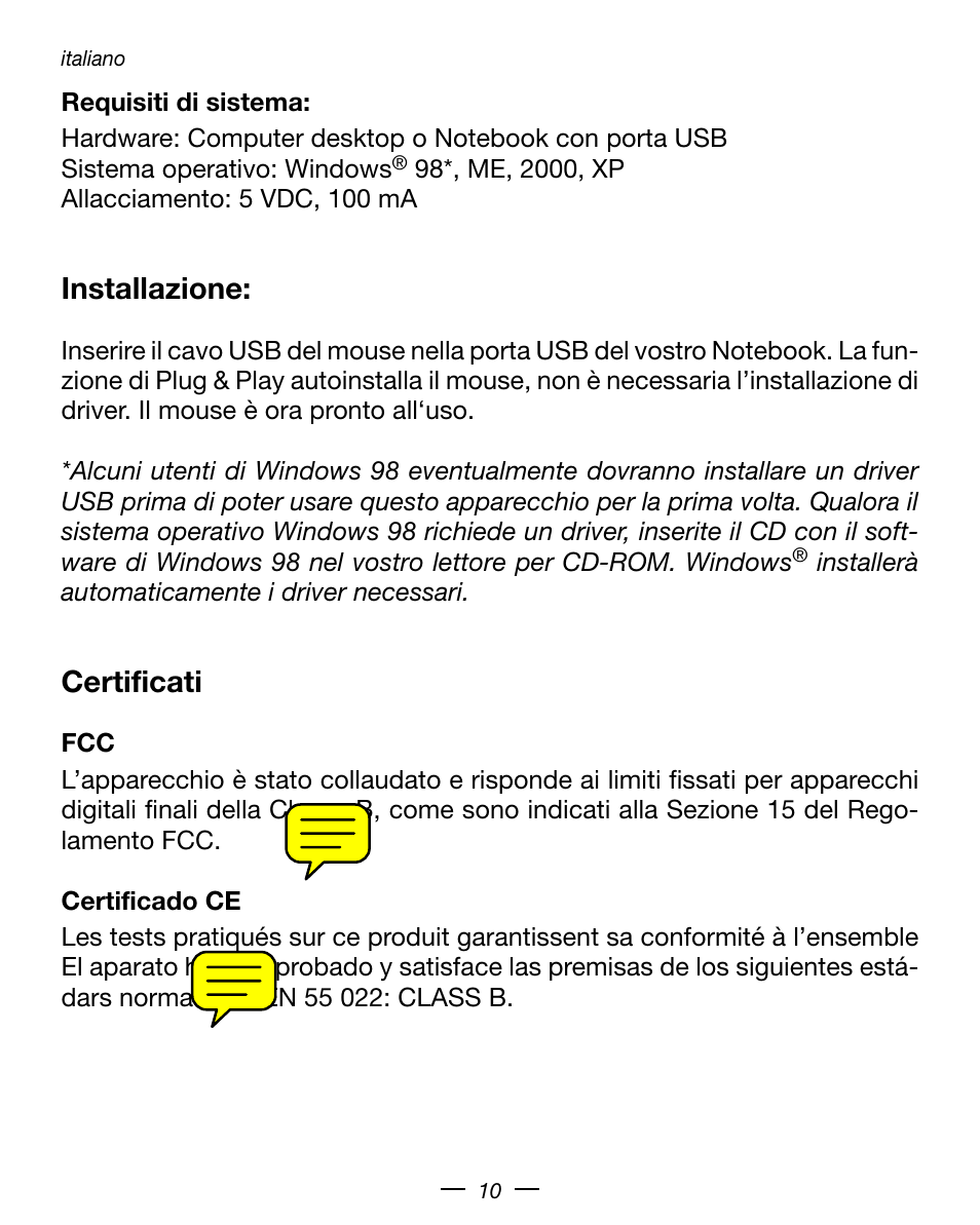 Installazione, Certificati | Dicota Optical USB Notebook Mouse User Manual | Page 10 / 19