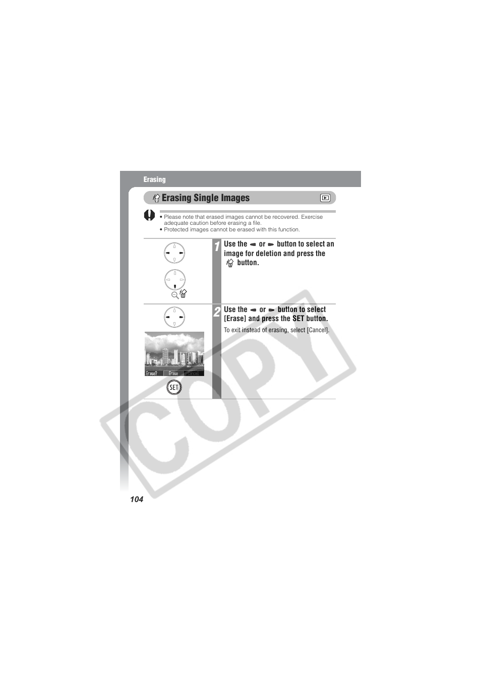 Erasing single images | Digital Camera Battery SD20 User Manual | Page 106 / 163
