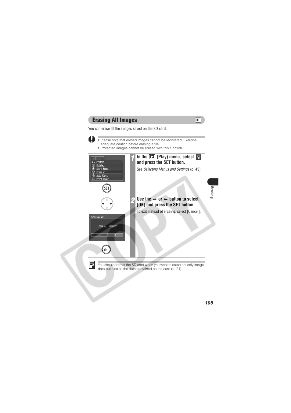 Erasing all images | Digital Camera Battery SD20 User Manual | Page 107 / 163