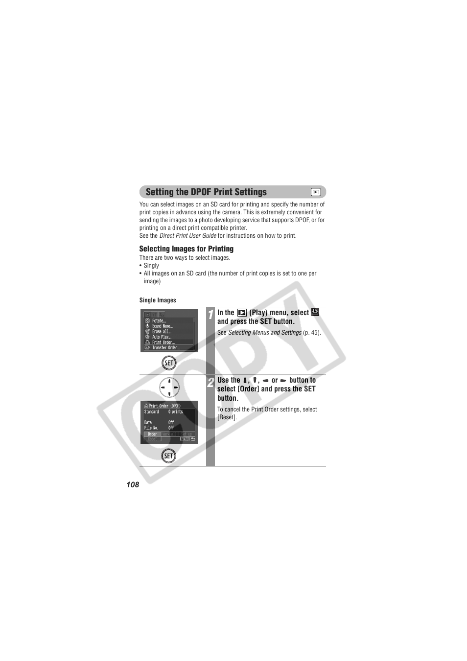 Setting the dpof print settings | Digital Camera Battery SD20 User Manual | Page 110 / 163