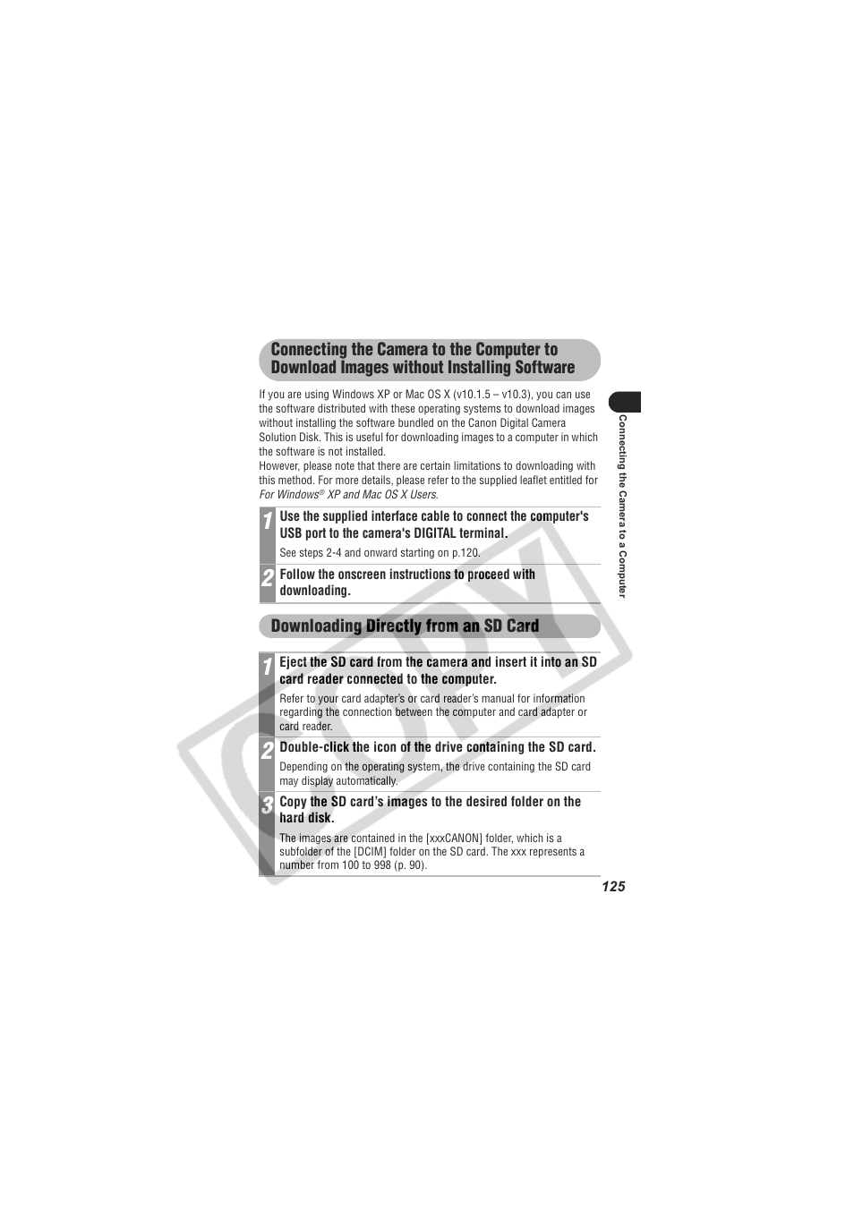 Downloading directly from an sd card | Digital Camera Battery SD20 User Manual | Page 127 / 163