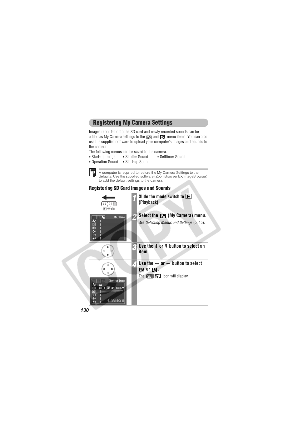 Registering my camera settings | Digital Camera Battery SD20 User Manual | Page 132 / 163
