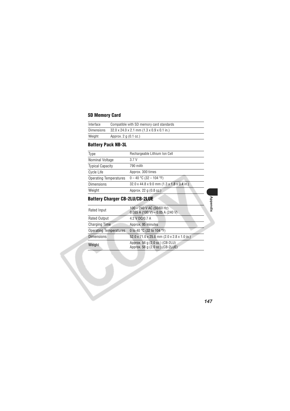 Digital Camera Battery SD20 User Manual | Page 149 / 163
