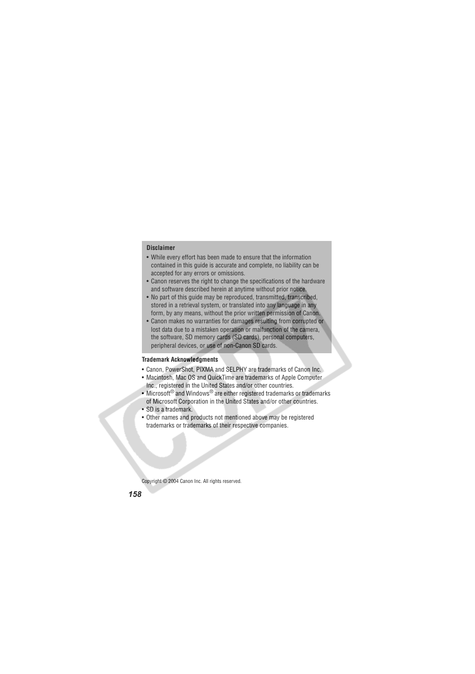 Digital Camera Battery SD20 User Manual | Page 160 / 163