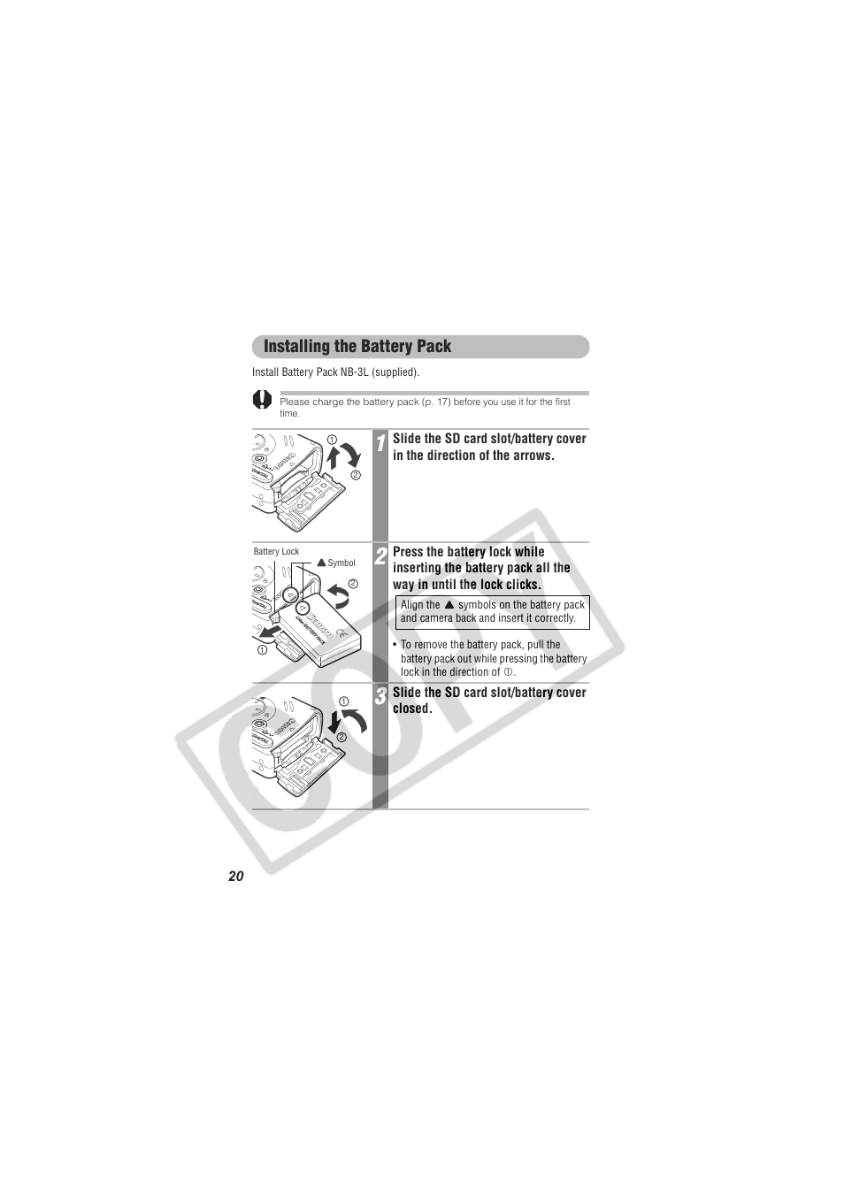 Installing the battery pack | Digital Camera Battery SD20 User Manual | Page 22 / 163