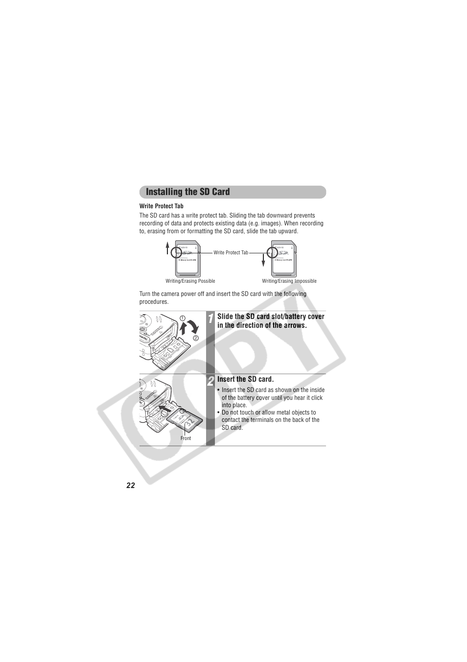 Installing the sd card | Digital Camera Battery SD20 User Manual | Page 24 / 163