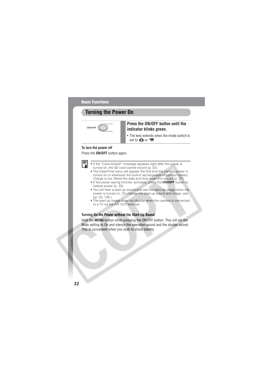 Turning the power on | Digital Camera Battery SD20 User Manual | Page 34 / 163