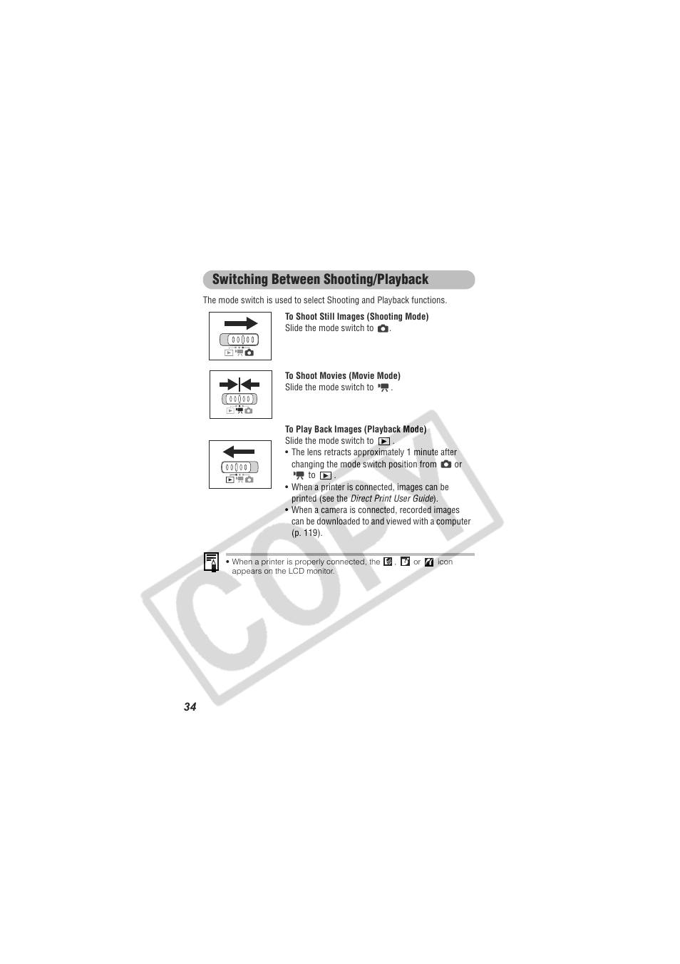 Switching between shooting/playback | Digital Camera Battery SD20 User Manual | Page 36 / 163