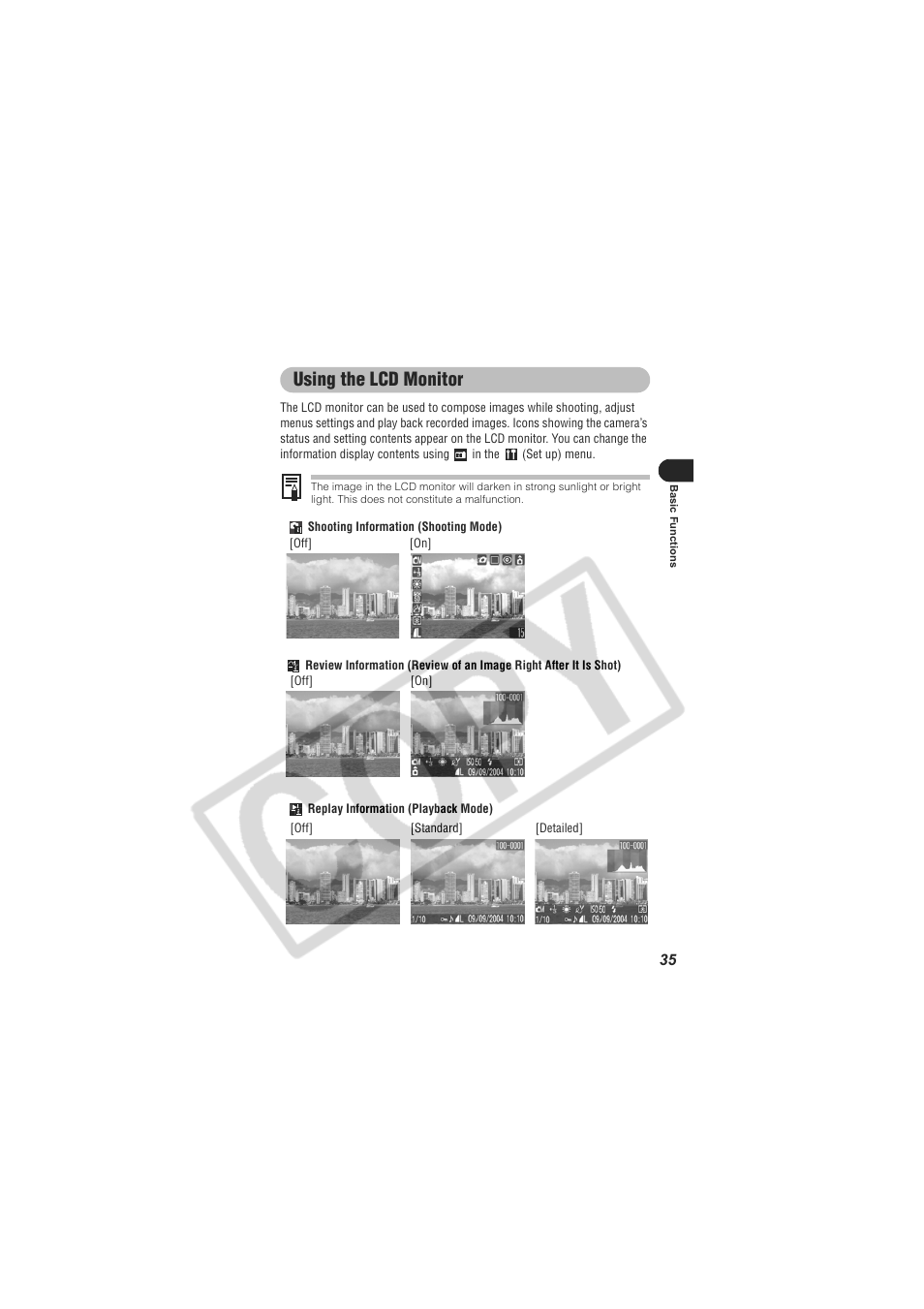 Using the lcd monitor | Digital Camera Battery SD20 User Manual | Page 37 / 163