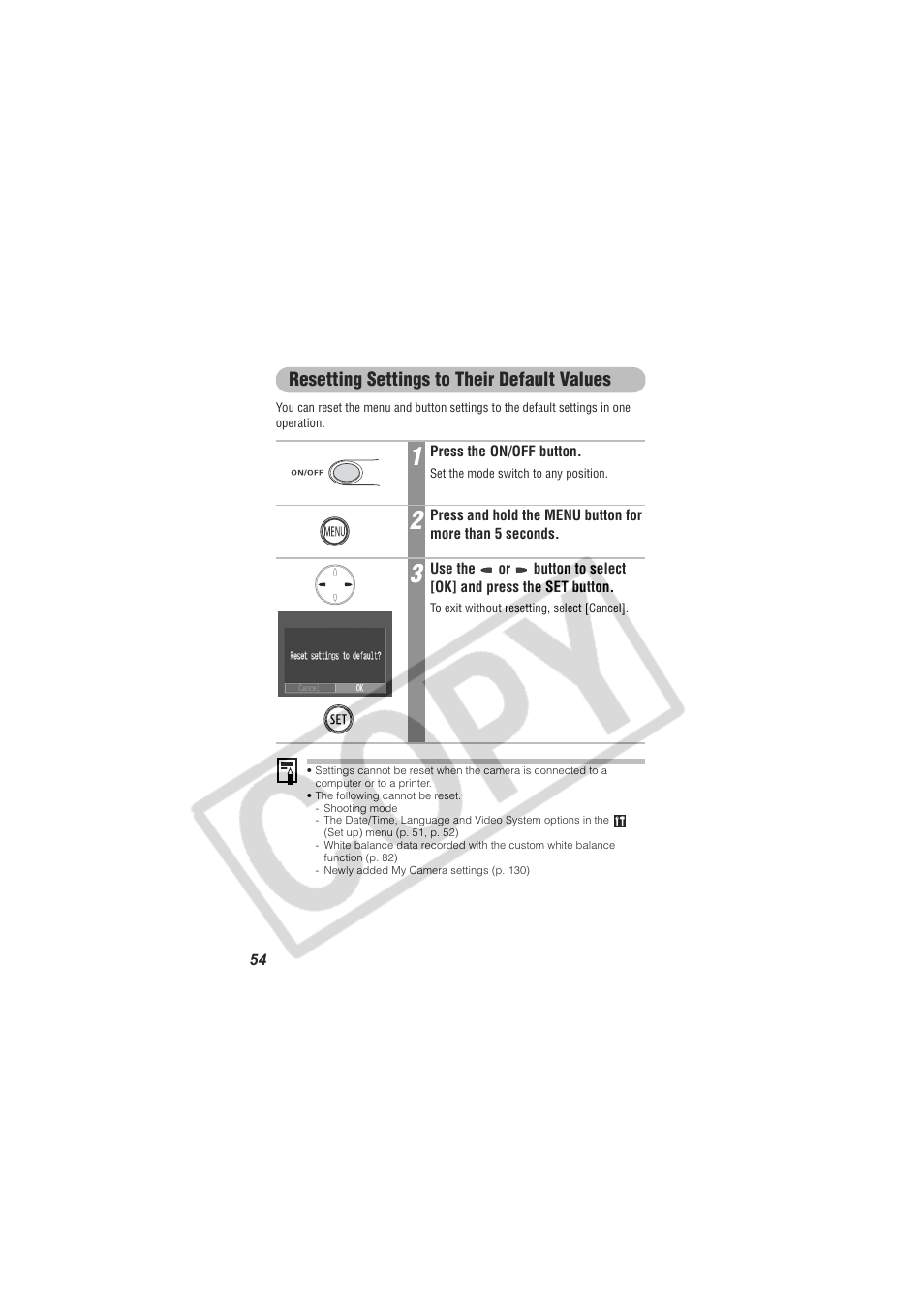 Resetting settings to their default values | Digital Camera Battery SD20 User Manual | Page 56 / 163