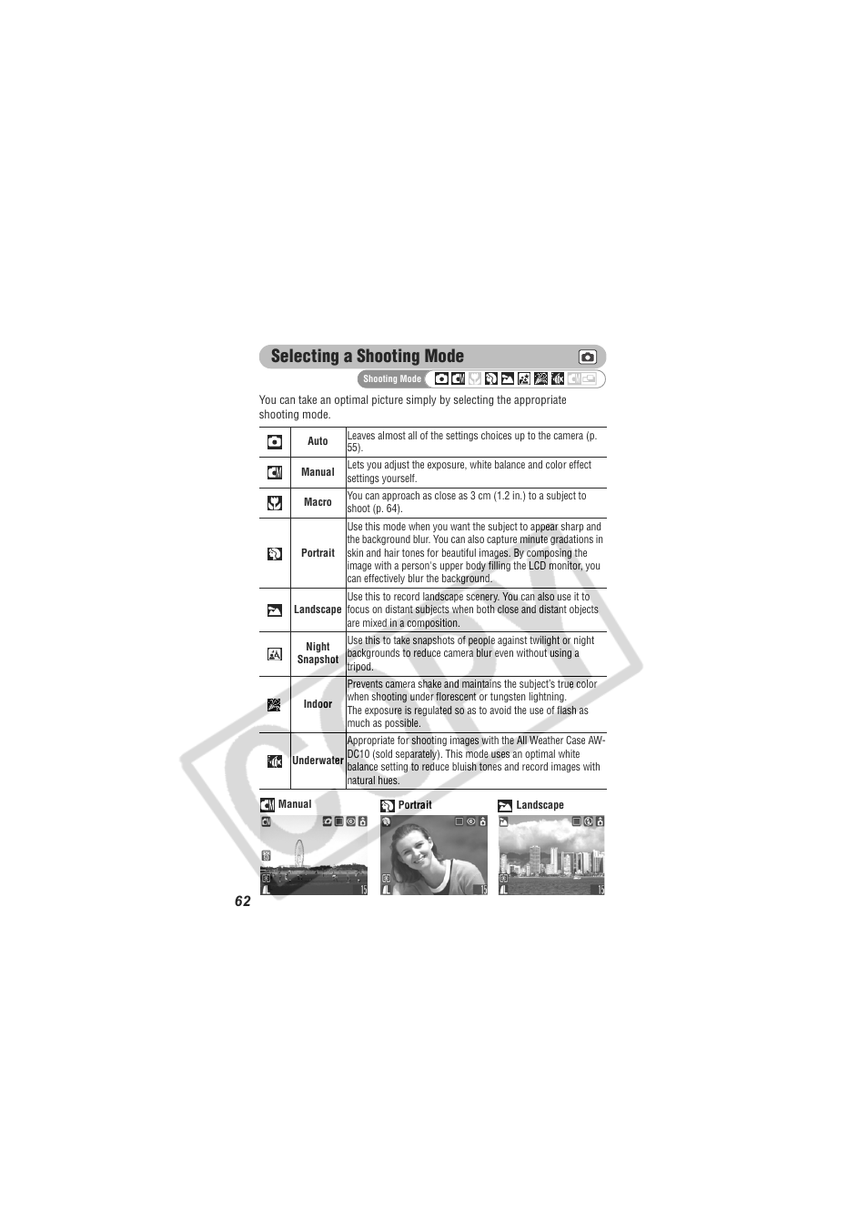 Selecting a shooting mode | Digital Camera Battery SD20 User Manual | Page 64 / 163