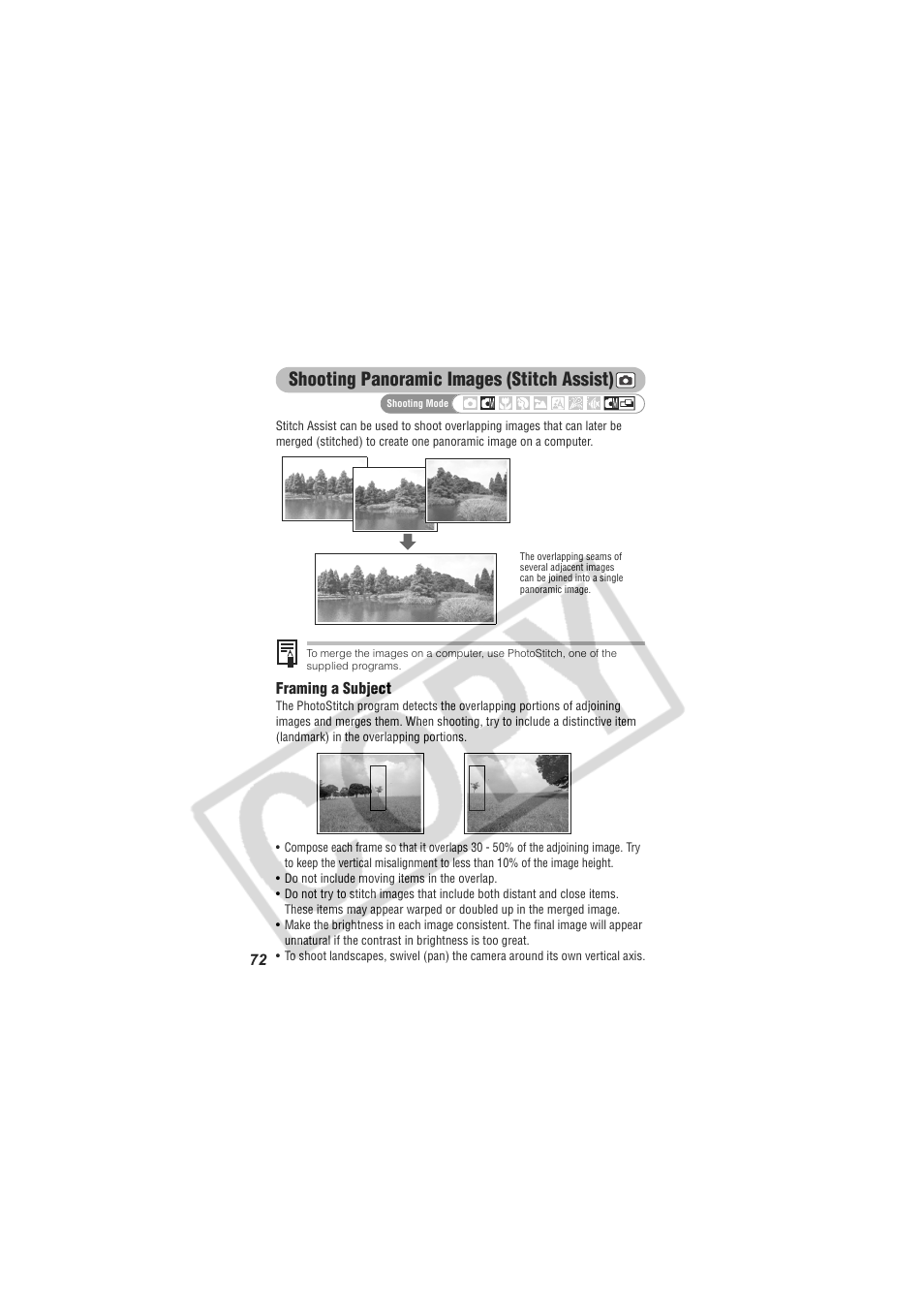Shooting panoramic images (stitch assist) | Digital Camera Battery SD20 User Manual | Page 74 / 163