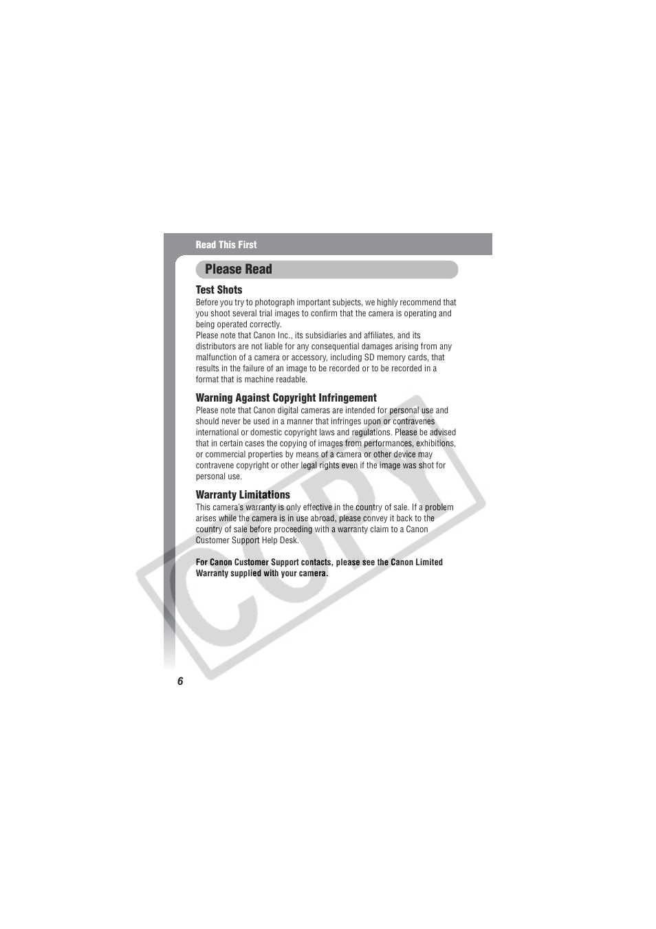 Please read | Digital Camera Battery SD20 User Manual | Page 8 / 163