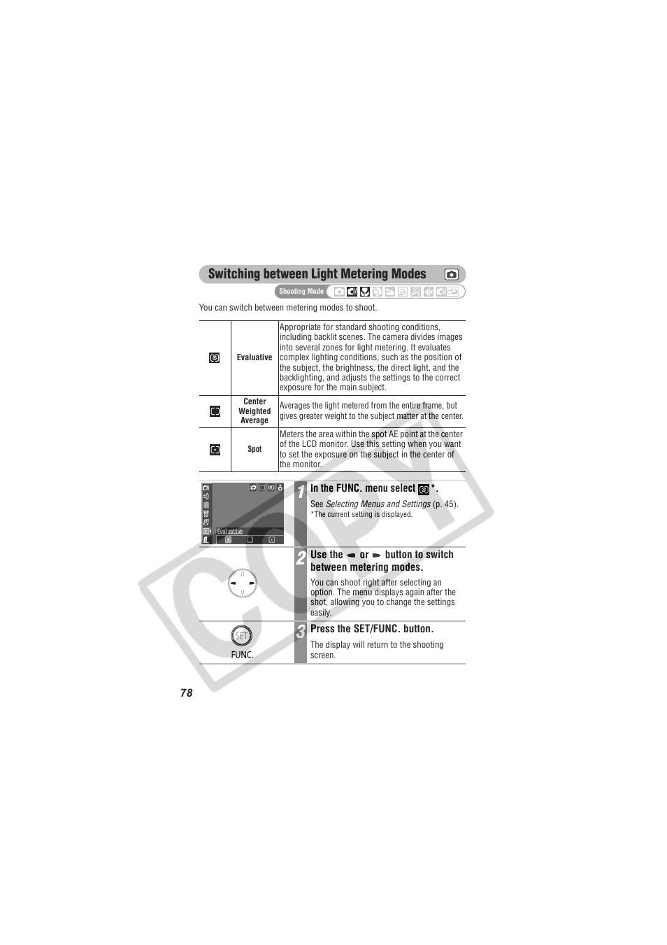 Switching between light metering modes | Digital Camera Battery SD20 User Manual | Page 80 / 163