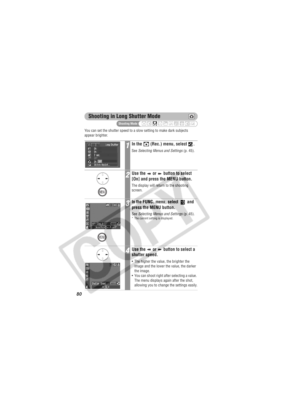 Shooting in long shutter mode | Digital Camera Battery SD20 User Manual | Page 82 / 163
