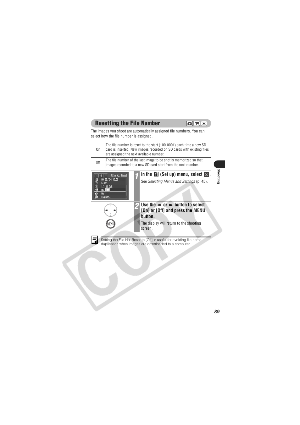 Resetting the file number | Digital Camera Battery SD20 User Manual | Page 91 / 163