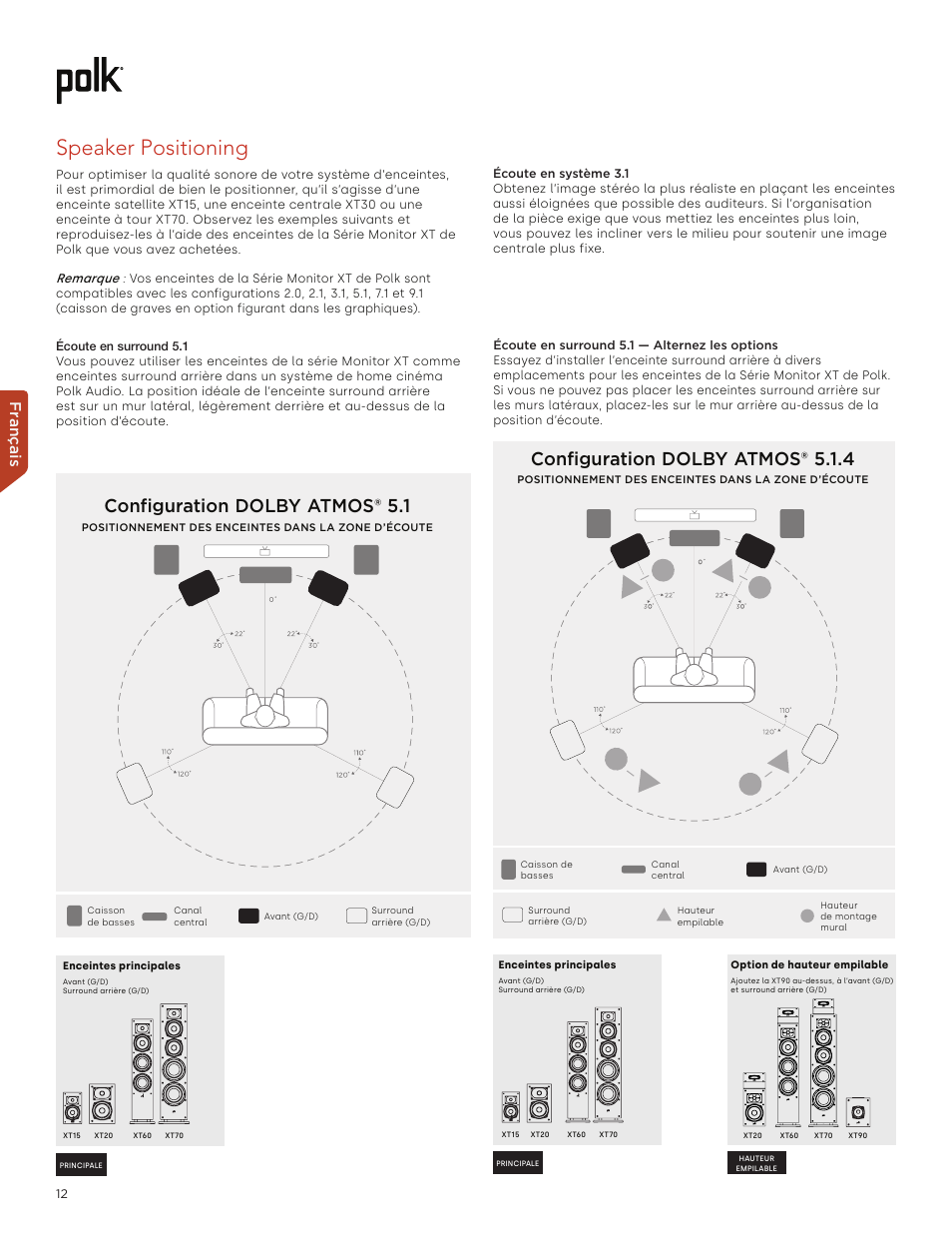 Speaker positioning, Configuration dolby atmos® 5.1, Configuration dolby atmos® 5.1.4 | Fr ançais, Remarque | Polk Audio Monitor XT60 Two-Way Floorstanding Speaker (Single) User Manual | Page 12 / 80