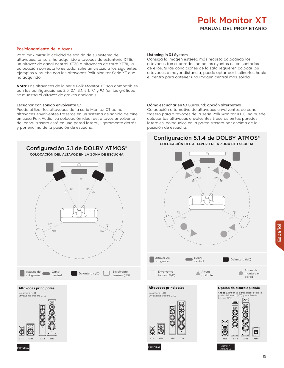 Polk monitor xt, Configuración 5.1 de dolby atmos, Configuración 5.1.4 de dolby atmos | Español, Manual del propietario, Posicionamiento del altavoz | Polk Audio Monitor XT60 Two-Way Floorstanding Speaker (Single) User Manual | Page 19 / 80