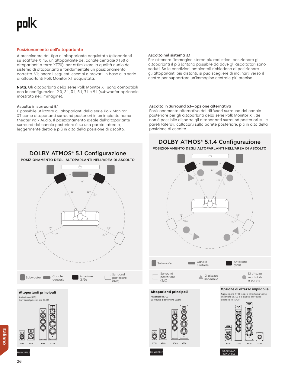 Dolby atmos® 5.1 configurazione, Dolby atmos® 5.1.4 configurazione, Italiano | Posizionamento dell’altoparlante | Polk Audio Monitor XT60 Two-Way Floorstanding Speaker (Single) User Manual | Page 26 / 80