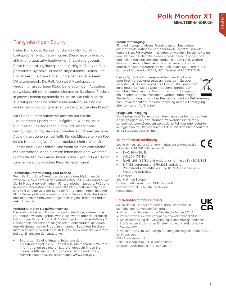 Polk monitor xt, Für großartigen sound | Polk Audio Monitor XT60 Two-Way Floorstanding Speaker (Single) User Manual | Page 31 / 80