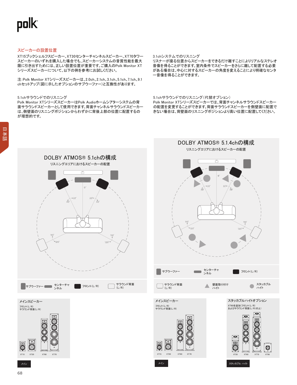 Dolby atmos® 5.1chの構成, Dolby atmos® 5.1.4chの構成, スピーカーの設置位置 | Polk Audio Monitor XT60 Two-Way Floorstanding Speaker (Single) User Manual | Page 68 / 80