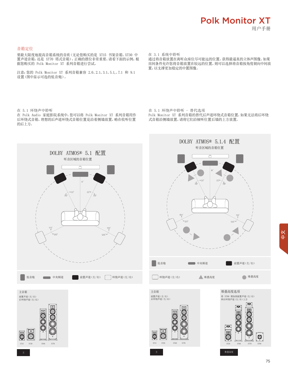 Polk monitor xt, Dolby atmos® 5.1 配置, Dolby atmos® 5.1.4 配置 | 音箱定位 | Polk Audio Monitor XT60 Two-Way Floorstanding Speaker (Single) User Manual | Page 75 / 80